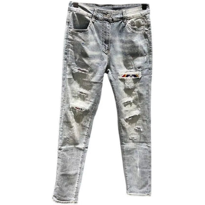 Designer Boyfriend Jeans for Men Vintage Patched Ripped Holes 90S Trendy Style Skinny Blue Distressed Washed Denim Pants Male
